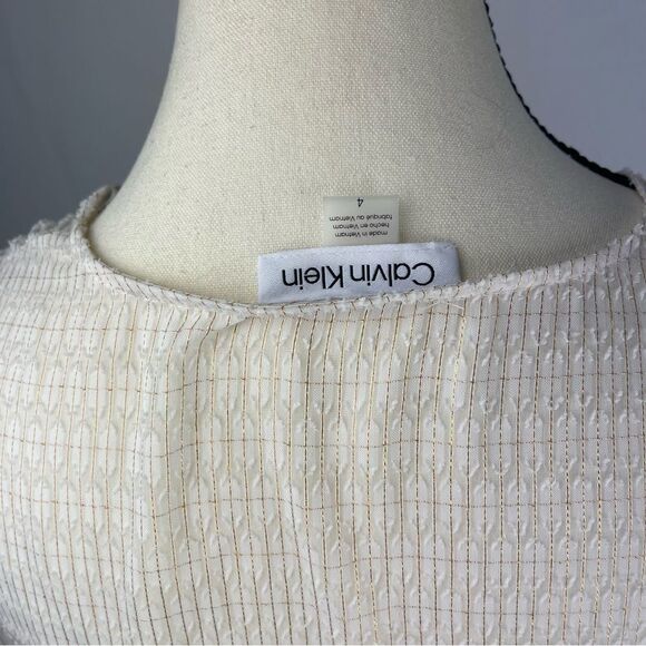 Calvin Klein V-Neck Long Sleeve Tier Ruffled Mini Dress Sz 4 white w gold lines - Picture 5 of 7